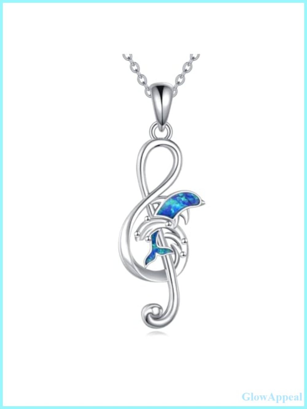 Sterling Silver Music Note Dolphin Pendant Necklace with Blue Opal Inlay